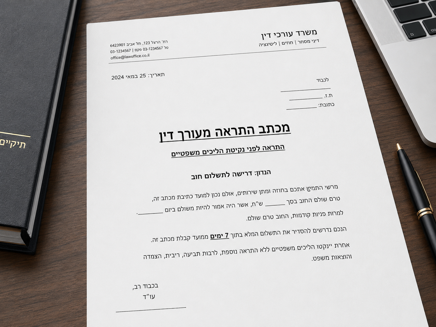 מכתב התראה מעורך דין ללקוח שלא משלם